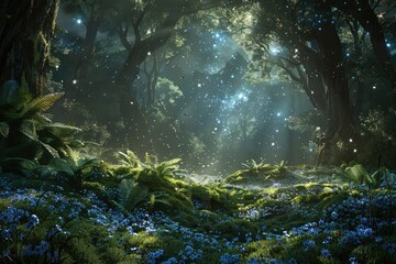 A whimsical forest clearing with ferns and moss-covered ground adorned with delicate bluebells and forget-me-nots, beneath a celestial dome filled with endless stars.