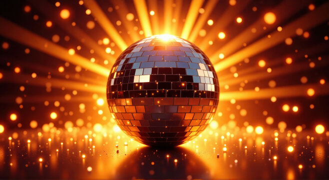 disco ball with bright  yellow gold beams of light creating a dazzling light pattern