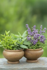 Fototapeta premium Fresh herbs displayed in wooden bowls on a rustic rock surface.