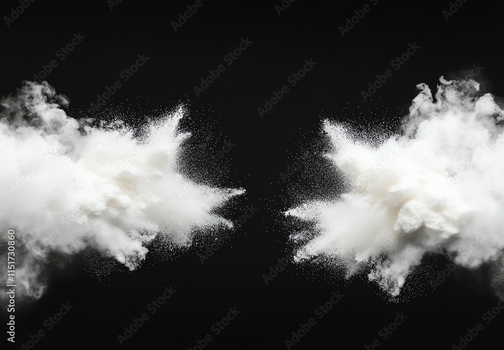 Poster dynamic explosion of white powder against black background, creating symmetrical smokey clouds. perf