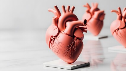 Three coral-colored anatomical hearts displayed on white bases, showcasing intricate details.  A medical marvel!