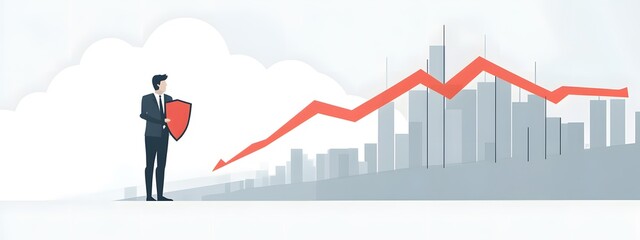 Businessman holding a shield in front of a falling graph line with a red downward arrow on a city background, a flat vector illustration