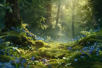 A whimsical forest clearing with ferns and moss-covered ground adorned with delicate bluebells and forget-me-nots, beneath a celestial dome filled with endless stars.