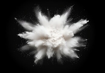 Dynamic explosion of white powder radiating outward against a dark background, capturing a moment of high-energy motion. Ideal for creative projects and visual effects.