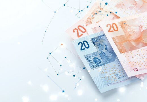 Futuristic digital concept with banknotes, illustrating modern finance, technology, and connectivity