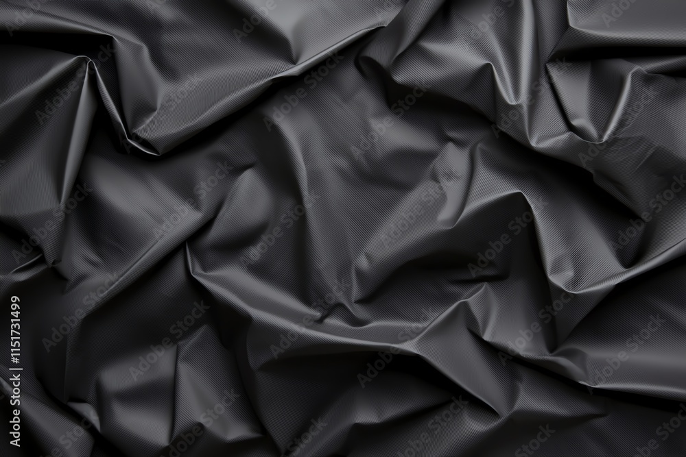 Poster close-up of crumpled black fabric texture, showcasing its intricate folds and shadows, offering a ve