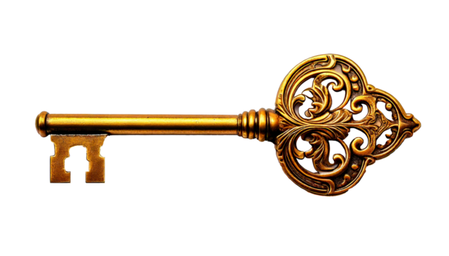 Golden skeleton key isolated on transparent background. Close-up of antique decorative key. Symbol of elegance, mystery and revealing secrets.