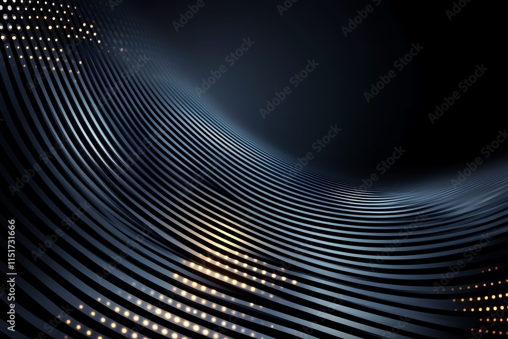Poster abstract digital background with curved metallic lines and glowing dots, creating a futuristic and d