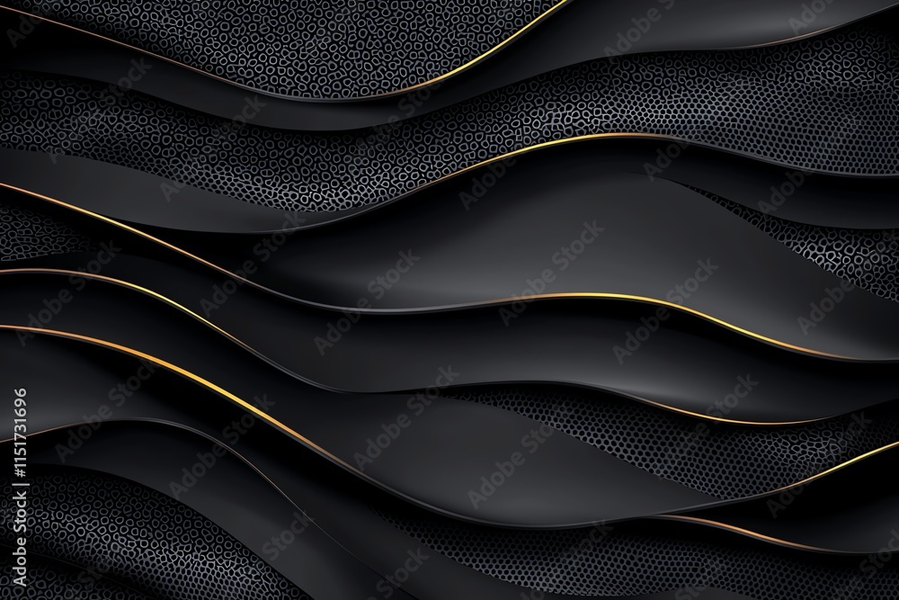 Poster a captivating abstract design with flowing, wavy black textures highlighted by subtle gold accents, 