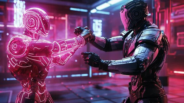 Cyberpunk Showdown: Neon-lit robots clash in a futuristic arena, their metallic bodies gleaming under vibrant pink and blue lights.  A digital duel of strength and technology.