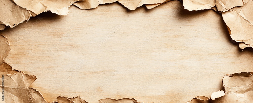 Poster torn paper edges frame a blank wooden background, perfect for design projects or text placement. ide