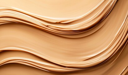 Close-up abstract texture of smooth, flowing beige cream or paint with elegant, wavy patterns for backgrounds or design projects, showcasing fluidity and aesthetic appeal in a harm
