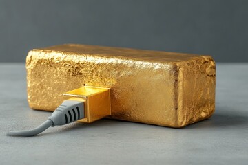 A power bank made of golden bar. Symbolic composition with gray background.