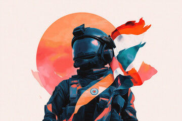 Naklejka premium Astronaut with Indian Flag: A Digital Painting of National Pride and Space Exploration