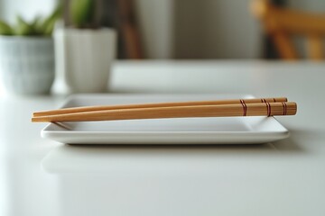 A pair of wooden chopsticks on a white square plate with a blurred background and copy space.
