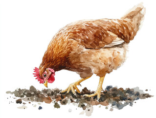 Watercolor Illustration of a Brown Hen Foraging in Soil With Focus on Natural Behavior and Detailed Feathers in a Bright Setting