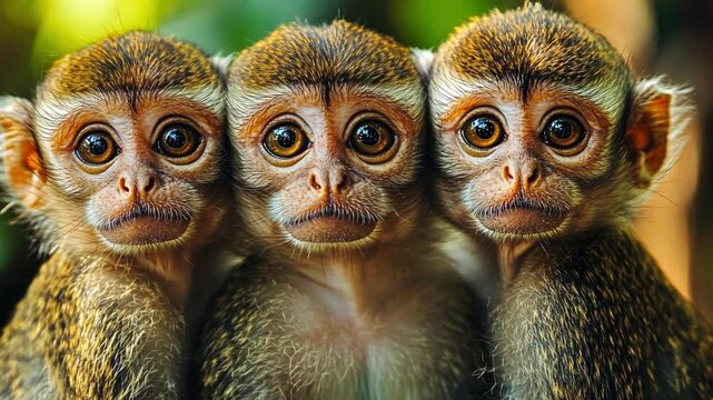 Three Little Monkeys: A trio of adorable monkey babies gaze curiously at the camera, their expressive eyes and playful demeanor capturing the innocent charm of nature's wonders. 