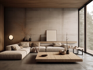 Fototapeta premium Neutral japandi and wabi sabi style living room with grey stucco walls, light couch and rustic wood coffee table