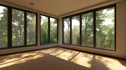 Fototapeta premium Sunlit Empty Room with Expansive Forest Views