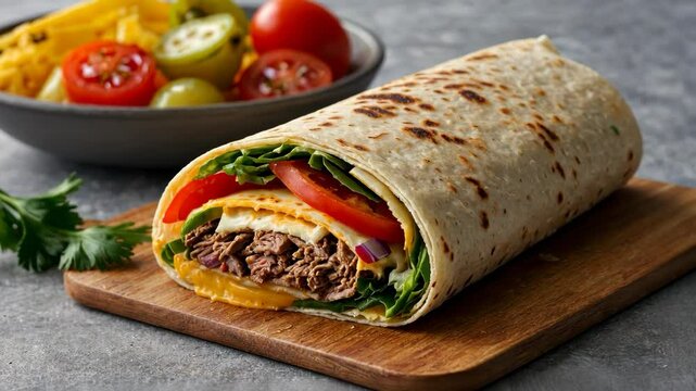 Video footage of delicious wrap filled with beef, cheese, lettuce, tomato, and red onion on a wooden board, with a bowl of colorful cherry tomatoes and yellow peppers in the background