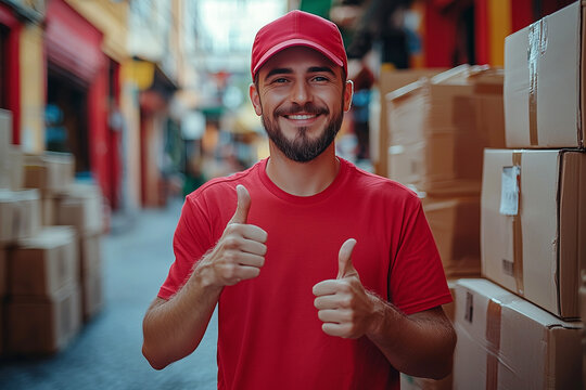 A man in a red uniform shows a thumbs up gesture. Courier delivery. The concept of mobility and speed of service.