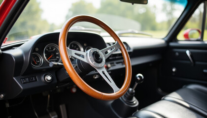 Classic vintage car interior showcasing timeless elegance with wooden steering wheel and detailed dashboard