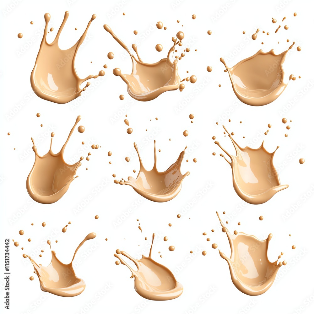 Poster liquid splashes in various forms, white isolate background
