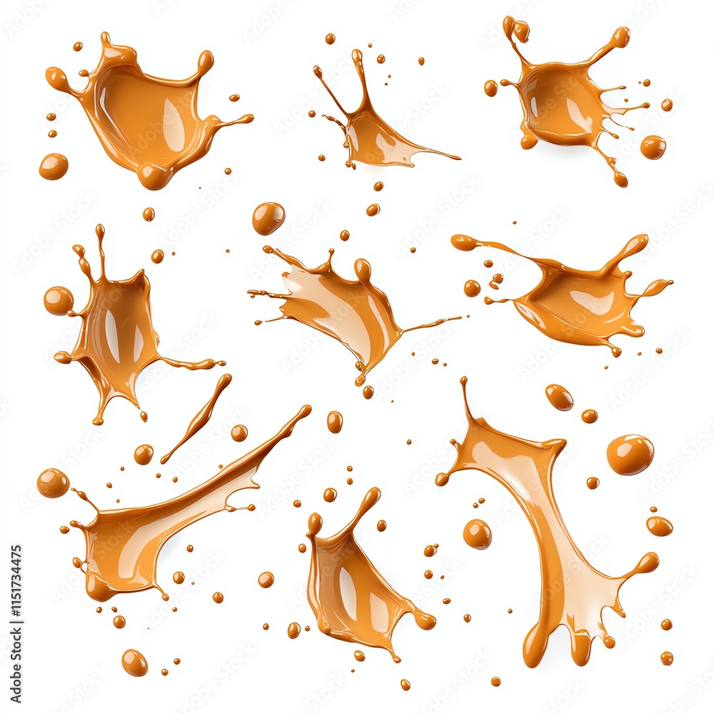 Poster liquid splashes in caramel color, creating a dynamic pattern on a white isolated background. perfect