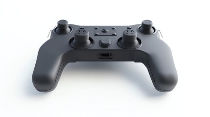 A black video game controller isolated on a white background.