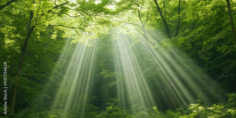 Poster the sun is shining through the trees, creating a beautiful and peaceful scene. the light is casting 