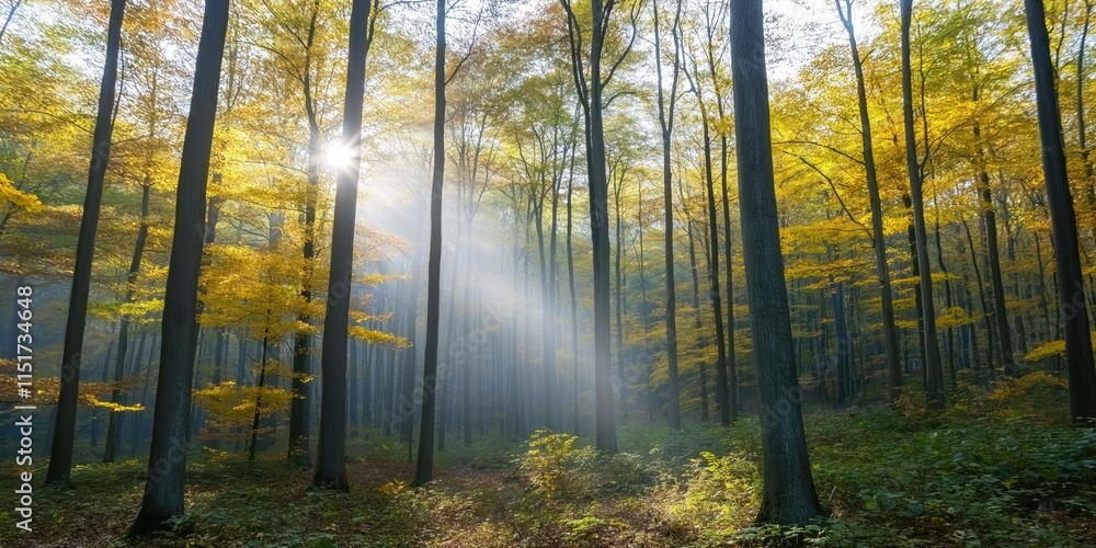 Poster a forest with trees in the foreground and background. the sun is shining through the trees, creating