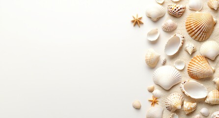Obraz premium Assorted seashells arranged on a light background, evoking a coastal and relaxing beach vibe. Perfect for summer-themed projects and designs.