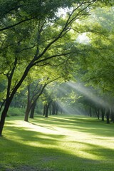 Obraz premium A lush green park with trees and grass. The sun is shining through the trees, creating a warm and inviting atmosphere