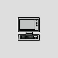 A simple vector icon of a desktop computer in black on a grey background with no shading or detailed