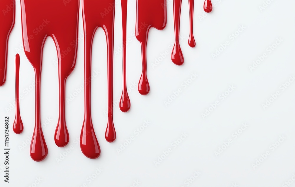 Poster red paint drips down a smooth white surface, creating a visually striking abstract design with a bol