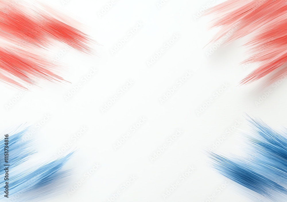 Poster abstract motion blur with red and blue strokes creating dynamic corner patterns on a clean white bac