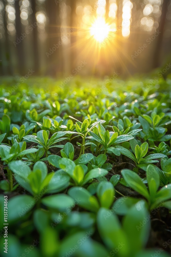 Poster Dappled Sunlight Filtering Through Spring Foliage in a Tranquil Forest Setting