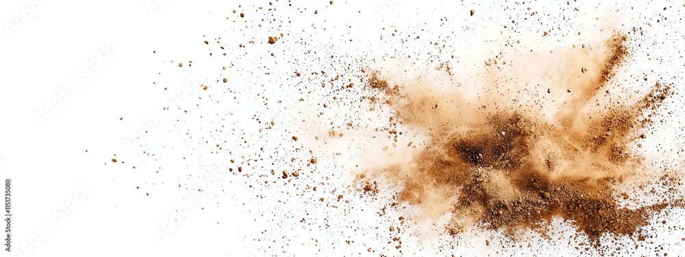 Poster brown powder explosion on white background, creating a dynamic and energetic visual perfect for grap