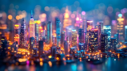Obraz premium Miniature cityscape diorama with tilt-shift effect. Colorful illuminated buildings and tiny architectural models. Vibrant neon colors and glowing city lights. Magical small world in professional photo