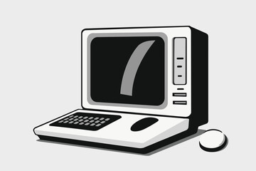 A simple vector icon of a desktop computer in black on a grey background with no shading or detailed