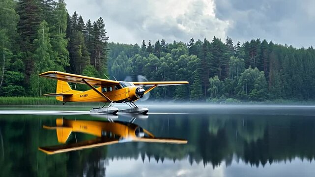 Yellow Seaplane Landing on Calm Lake 