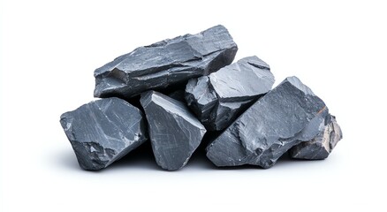 Pile of rough gray stones on white isolated background, showcasing natural texture and ruggedness, ideal for geology and construction themes.
