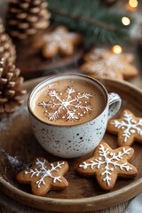 Winter coffee delight festive gingerbread cookies with snowflake design cozy indoor setting captivating aesthetic