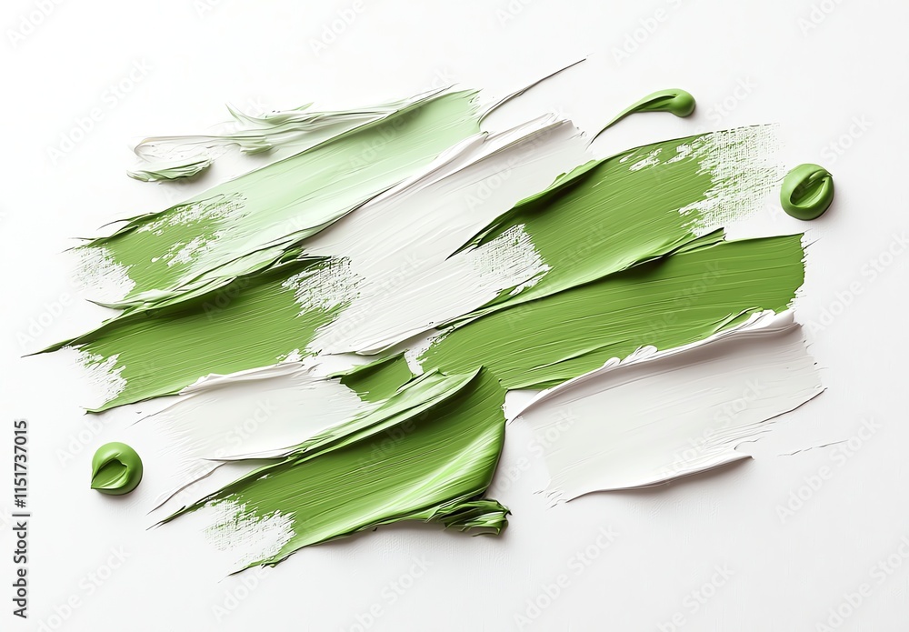 Poster green and white painted brush strokes mixed on a white background, creating a textured and abstract 
