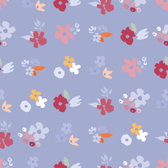 A seamless floral pattern featuring colorful blooms and leaves on a light blue background, perfect for print and fabric