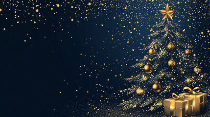Sparkling Gold Glitter Christmas Tree with Presents on Navy Background