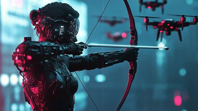 Cyberpunk Archer: futuristic female archer takes aim amidst a neon-drenched cityscape, drones hovering in the background, a blend of high-tech and ancient skill.