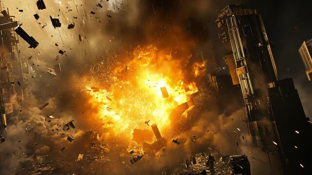 Cityscape Devastation: An apocalyptic scene unfolds as a massive explosion engulfs a city, sending debris flying and casting an ominous glow against the smoke-filled sky.