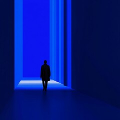 Fototapeta premium A silhouette walks through a blue-lit corridor.