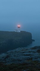 Fototapeta premium Coastal lighthouse glows, foggy night, rocky shore.
